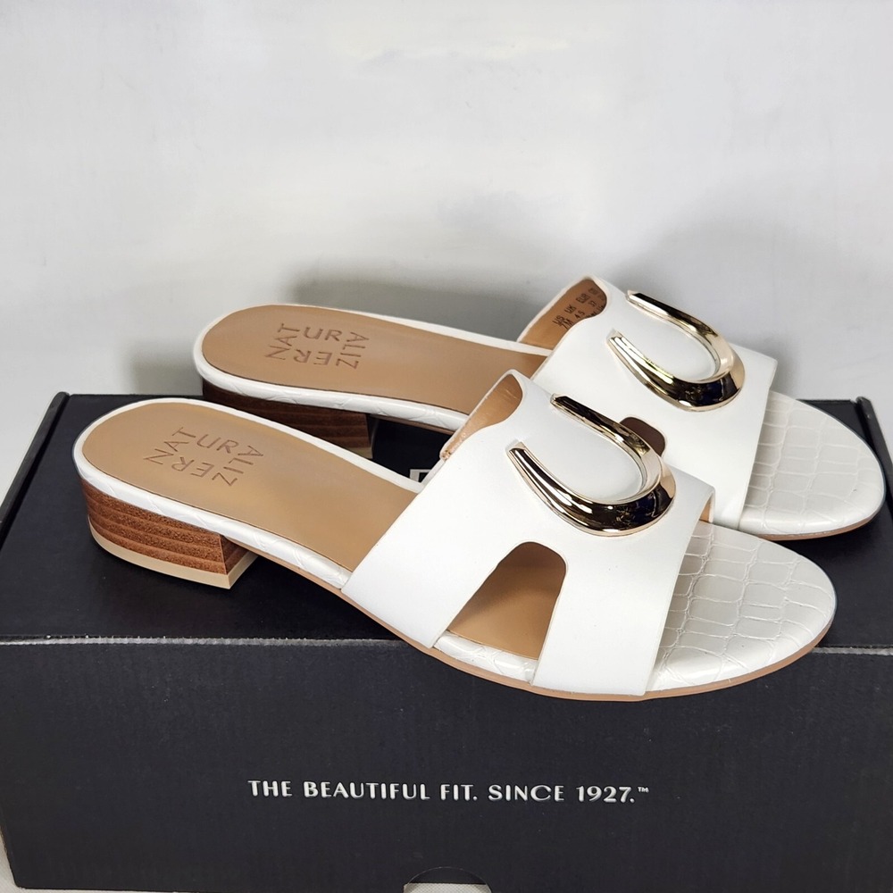 Naturalizer Misty Sandals Women Size 7 White Leather Block Heel Slide Mules